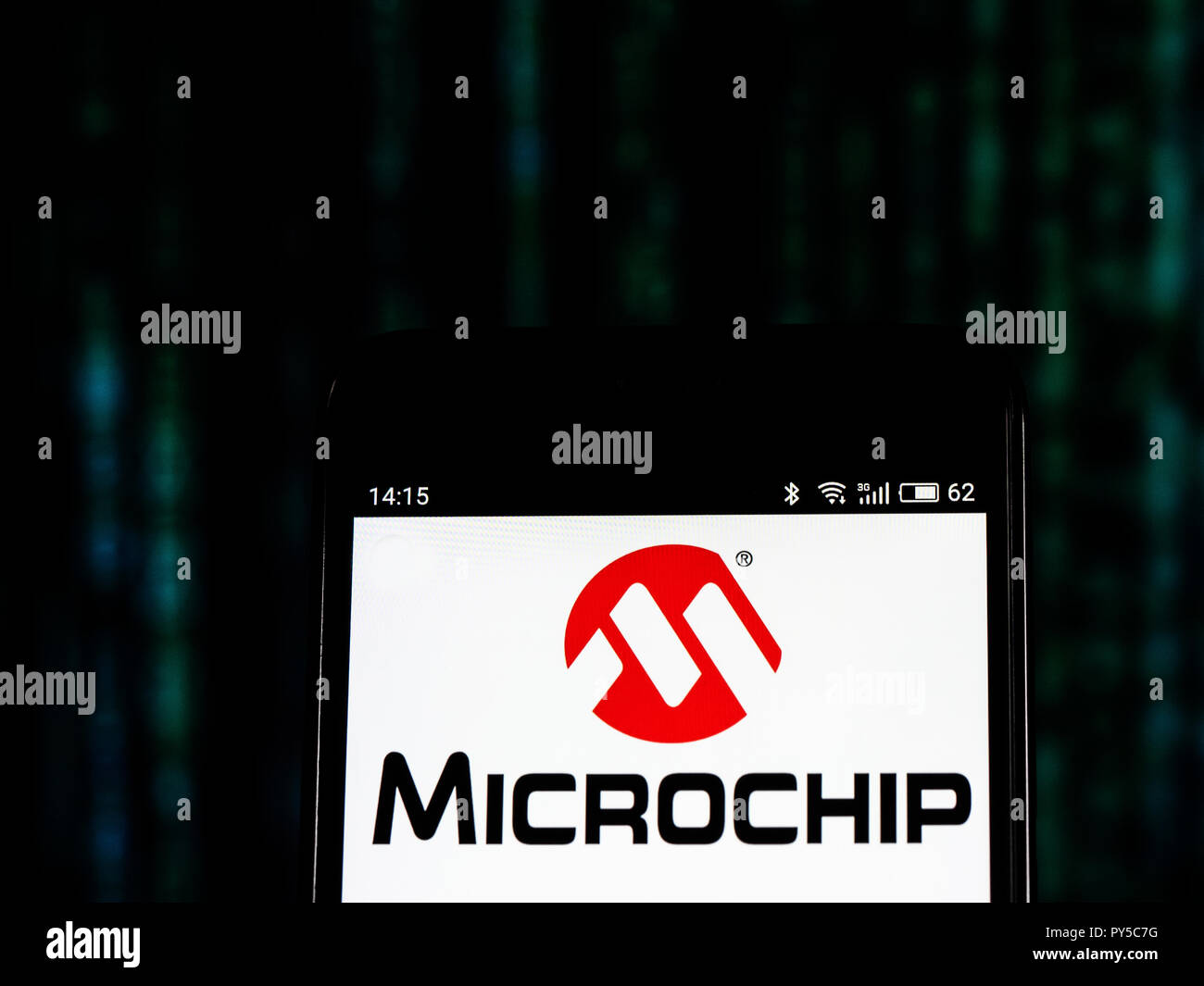 Microchip Technology Corporation logo seen displayed on smart phone. Microchip Technology Inc. is an American publicly-listed corporation that is a manufacturer of microcontroller, mixed-signal, analog and Flash-IP integrated circuits. Stock Photo
