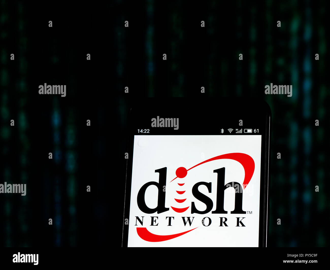 Dish Network Satellite television company logo seen displayed on smart phone. Dish Network Corporation is a U.S. television provider. t is the owner of the direct-broadcast satellite provider Dish, and the over-the-top IPTV service Sling TV. As of November 2016, the company provided services to 13.7 million television and 580,000 broadband subscribers. Stock Photo