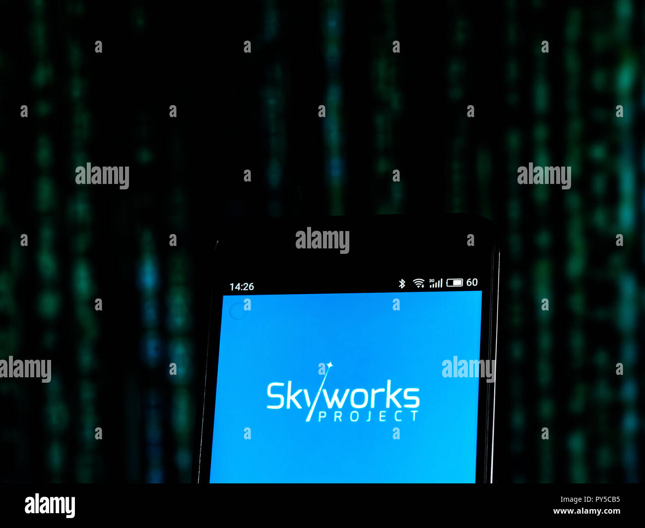 Skyworks Solutions Semiconductor manufacturing company logo seen displayed on smart phone. Skyworks manufactures semiconductors for use in radio frequency and mobile communications systems. Stock Photo