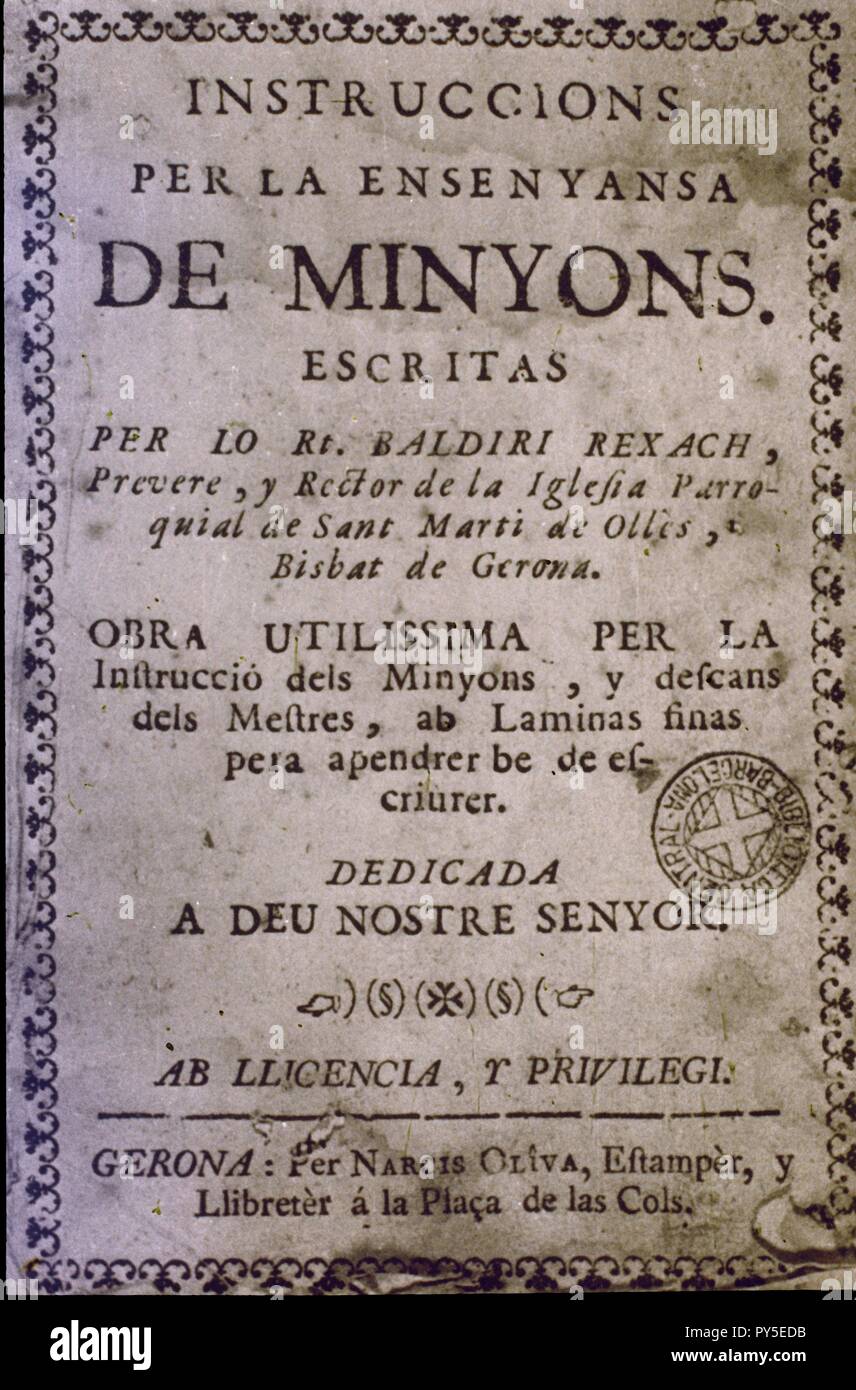 INSTRUCCIONES PARA LA ENSENANZA DE MINYONS (PUBLICADO 1749). Author: RAIXACH BALARDI. Stock Photo