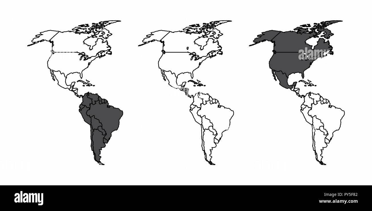 A set of maps of the american continent with the south, central and north america highlighted Stock Vector