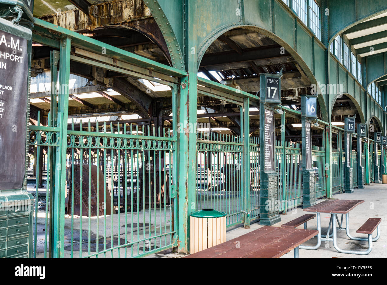 JERSEY CITY, NJ - SEPTEMBER 29, 2018: Railroad terminal station at the historic Central Railroad of New Jersey in Jersey City, New Jersey Stock Photo