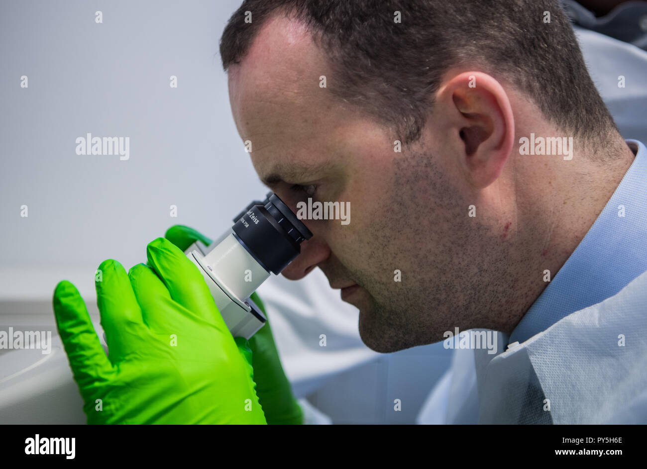 Langen, Germany. 25th Oct, 2018. Jens Spahn (CDU), Federal Minister of Health, looks into a microscope. During his visit to the Paul Ehrlich Institute, the Federal Minister of Health will inform himself about topics such as influenza vaccination and HIV rapid test. Credit: Andreas Arnold/dpa/Alamy Live News Stock Photo