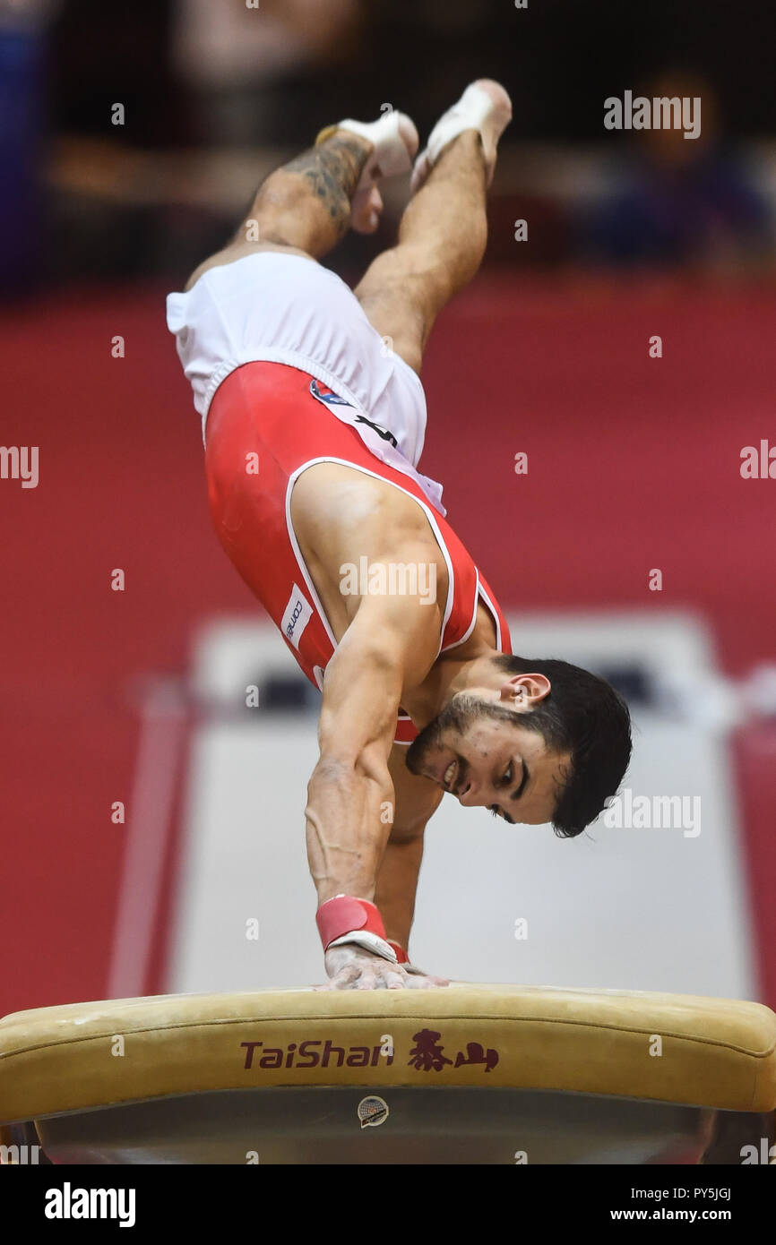 Doha, Qatar. 25th Oct, 2018. OLIVER HEGI from Switzerland competes on the vault during the first day of preliminary competition held at the Aspire Dome in Doha, Qatar. Credit: Amy Sanderson/ZUMA Wire/Alamy Live News Stock Photo