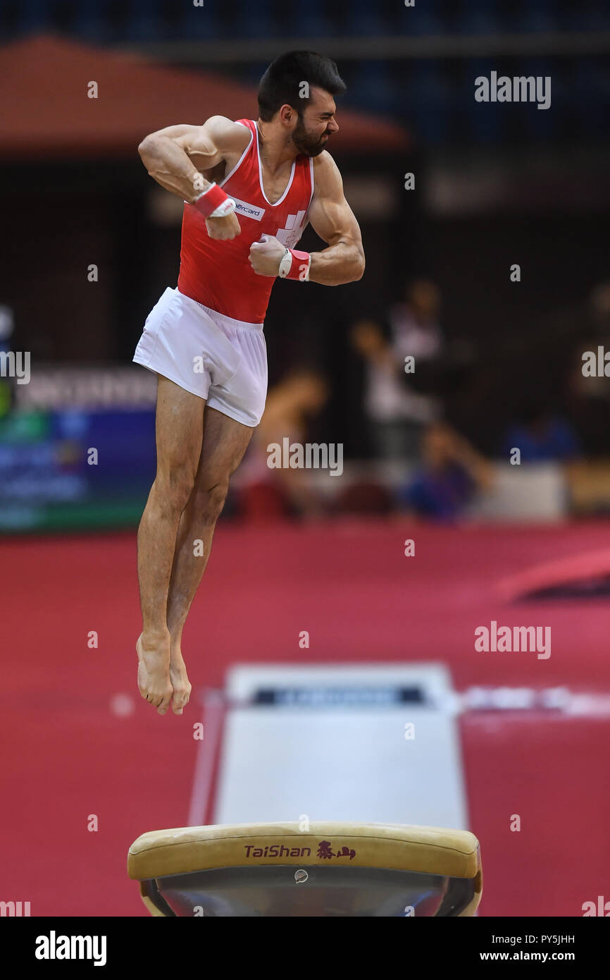Doha, Qatar. 25th Oct, 2018. OLIVER HEGI from Switzerland competes on the vault during the first day of preliminary competition held at the Aspire Dome in Doha, Qatar. Credit: Amy Sanderson/ZUMA Wire/Alamy Live News Stock Photo