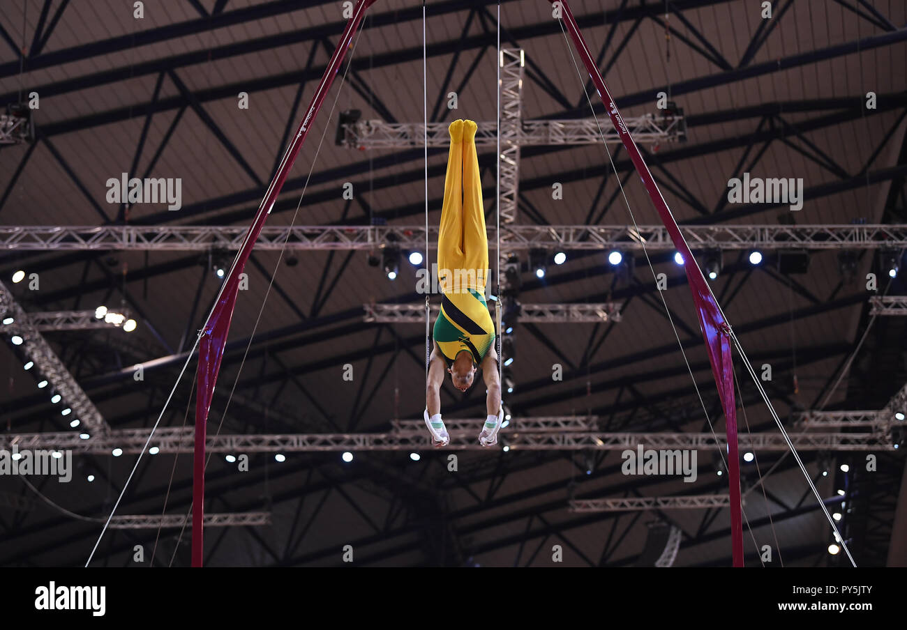 Doha, Katar. 25th Oct, 2018. Caleb Faulk (Jamaica) on the rings, rings
