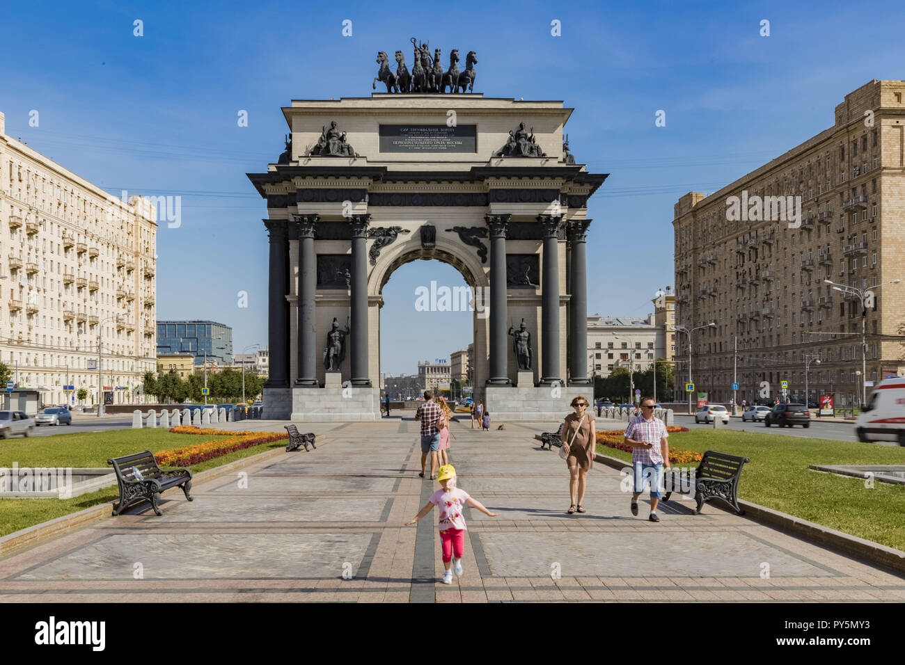 Moscow, Moscow, Russia. 26th Aug, 2018. Moscow Triumphal Gates (Triumphal arch) ''” a triumphal arch in Moscow. Are for the first time built in 1829 ''” 1834 on the project of the architect O.I. Bowe at Tverskaya Zastava Square in honor of defeat of troops of Napoleon and a victory of the Russian people in Patriotic war of 1812. Are sorted in 1936. The copy of gate is built in 1966 ''” 1968 on V.Ya. Libson's project on Kutuzovsky Avenue, nowadays ''” Victory Squares Credit: Alexey Bychkov/ZUMA Wire/Alamy Live News Stock Photo