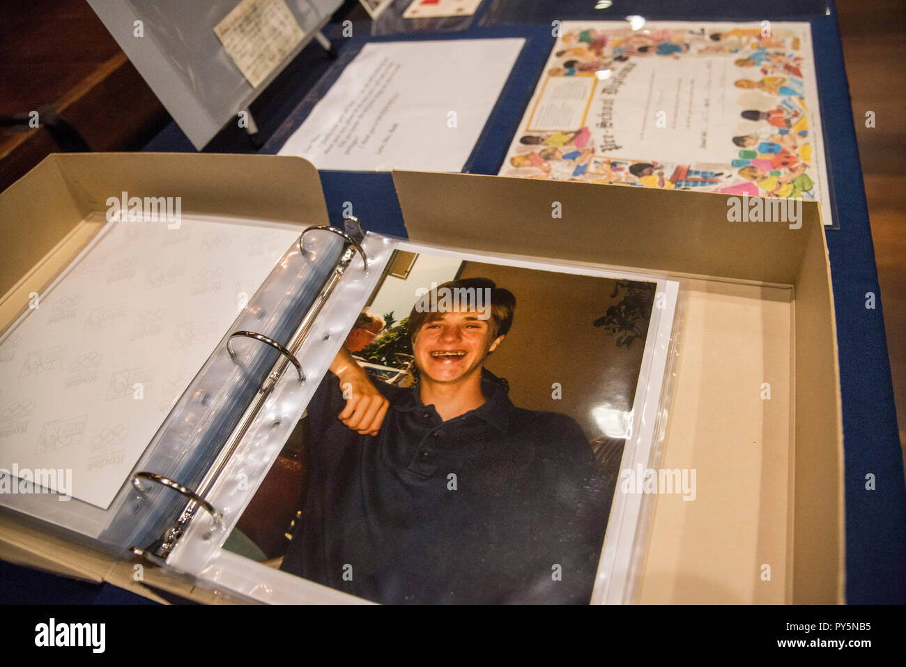 Washington, DC October 25, 2018: A photo of Matthew Shepard is on display. Dennis and Judy Shepard donate personal papers and objects from their son, Matthew Shepard, a young gay college student who was murdered 20 years ago in October in Wyoming to the Smithsonian National Museum of American History in Washington, DC. Patsy Lynch/MediaPunch Stock Photo