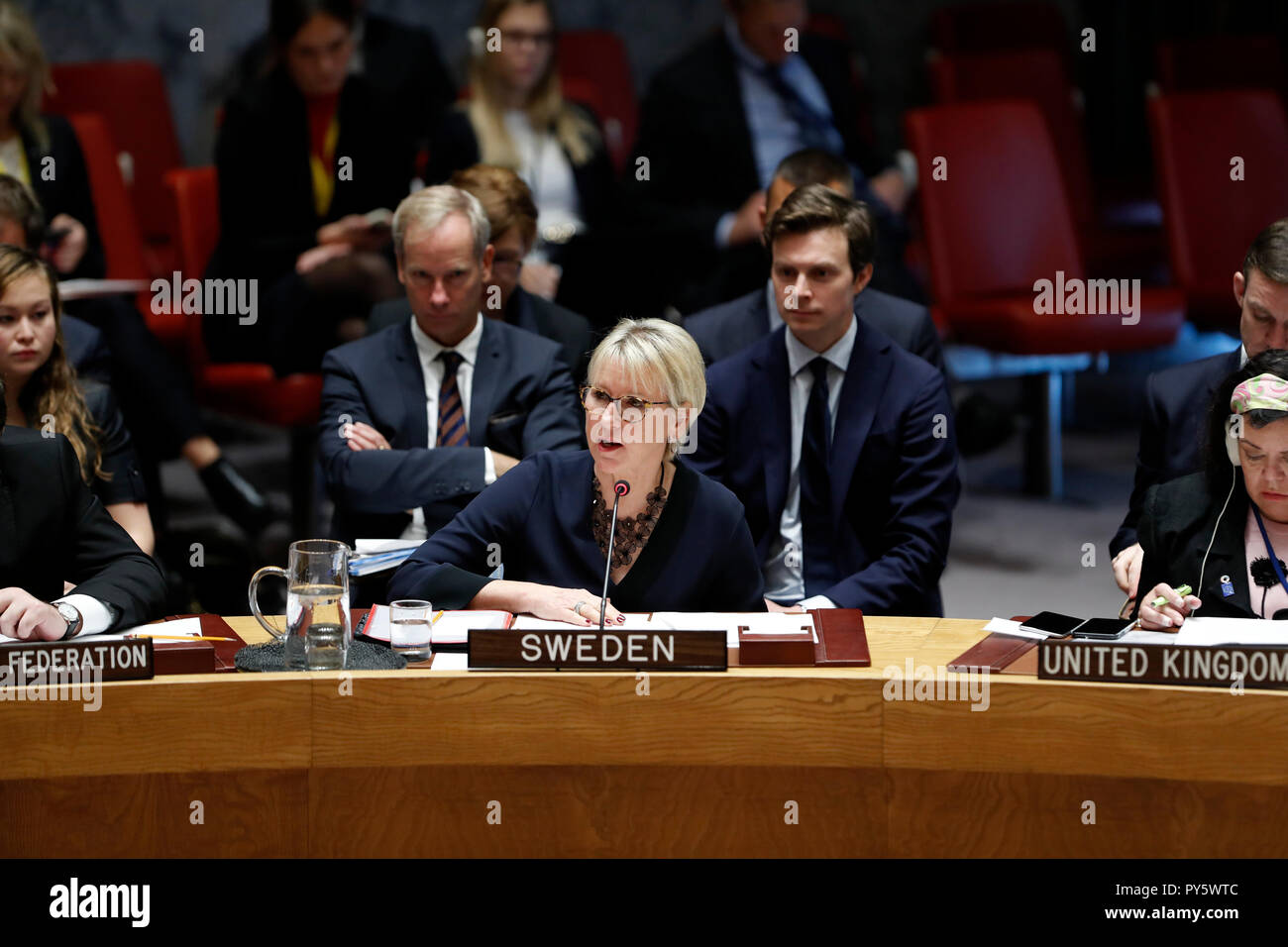 United Nations. 25th Oct, 2018. Swedish Foreign Minister Margot Wallstrom(front) addresses a Security Council meeting at the UN headquarters in New York, Oct. 25, 2018. UN Secretary-General Antonio Guterres on Thursday asked the international community to match words with action over the empowerment of women for the sake of peace and security. Credit: Li Muzi/Xinhua/Alamy Live News Stock Photo