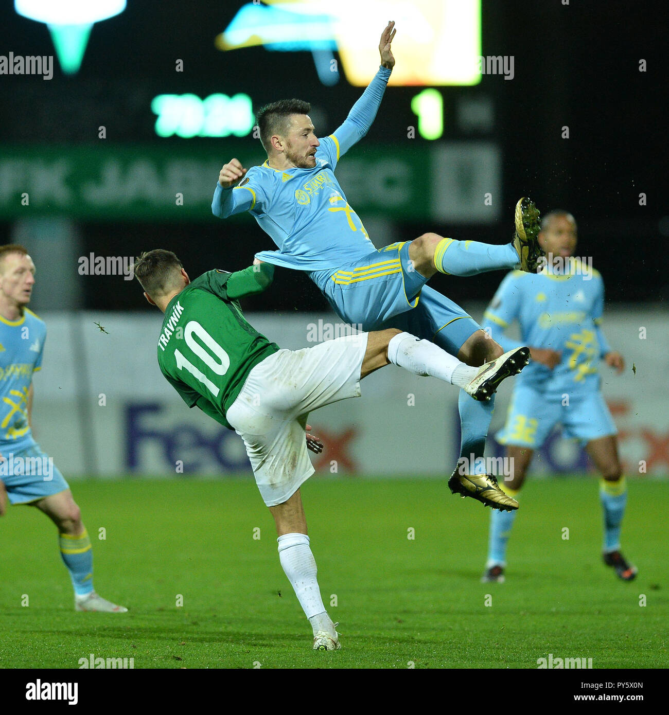 L-R Michal Travnik (Jablonec) and Antonio Rukavina (Astana) in action during the 3rd round of the European UEFA Europa League, match FK Jablonec vs FC Astana, in Jablonec nad Nisou, Czech Republic, on October 25, 201878. (CTK Photo/Vit Cerny) Stock Photo