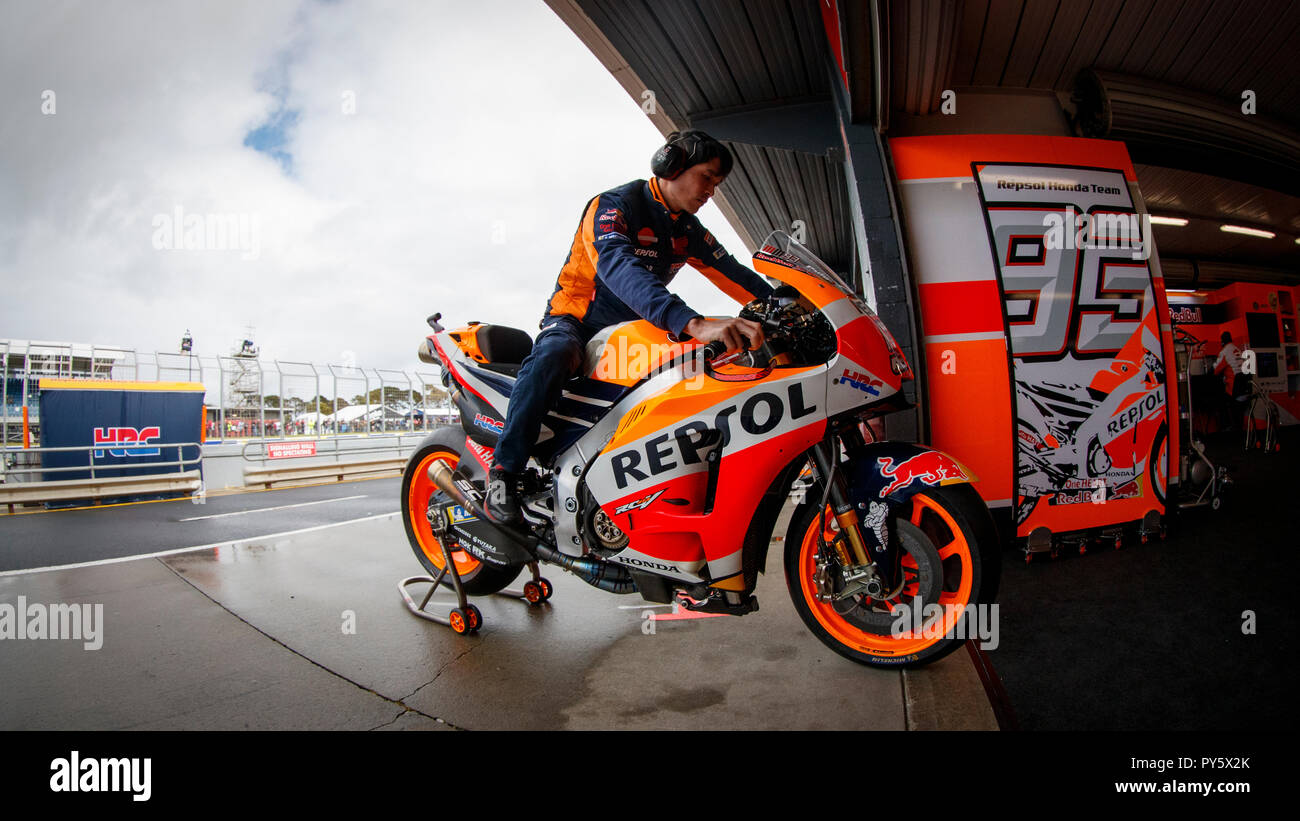 Melbourne, Australia. Friday, 26 October, 2018. Phillip Island, Australia.  Marc Marquez's Repsol Honda MotoGP machine in