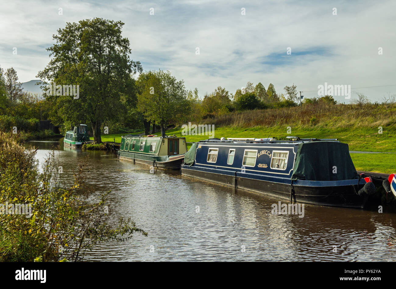 Narrowboats moored up at Pencelli on the Monmouthshire and Brecon Canal in the Brecon Beacons south Wales Stock Photo