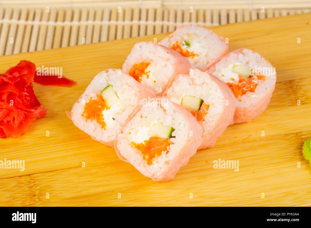 Delicious mamenori sushi rolls with ginger Stock Photo