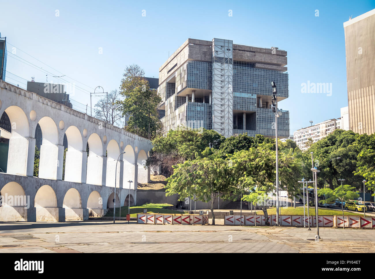 Petrobras Oil Company Headquarters Building and Arcos da Lapa Arches - Rio de Janeiro, Brazil Stock Photo