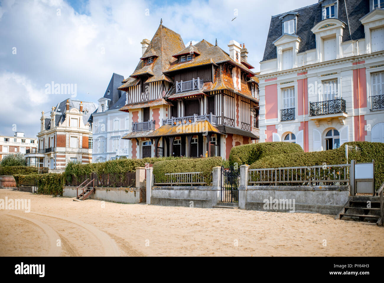 Luxury buildings on the coastline of Trouville, famous french resort in Normandy Stock Photo