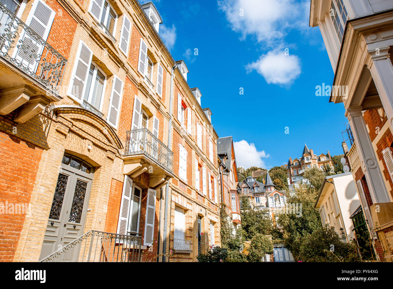 Street view with luxury buildings in the center of the old town of Trouville, famous french town in Normandy Stock Photo