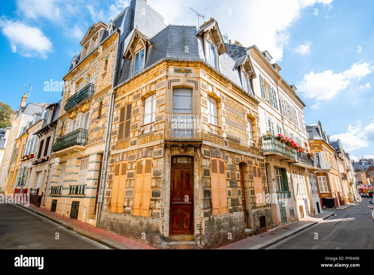 Street view with luxury buildings in the center of the old town of Trouville, famous french town in Normandy Stock Photo