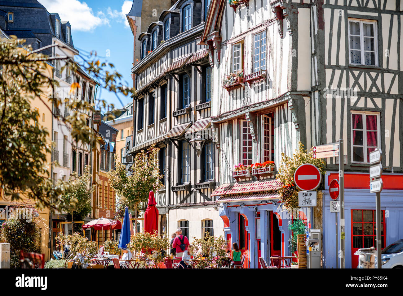 Beautiful colorful half-timbered houses in Rouen city, the capital of Normandy region in France Stock Photo