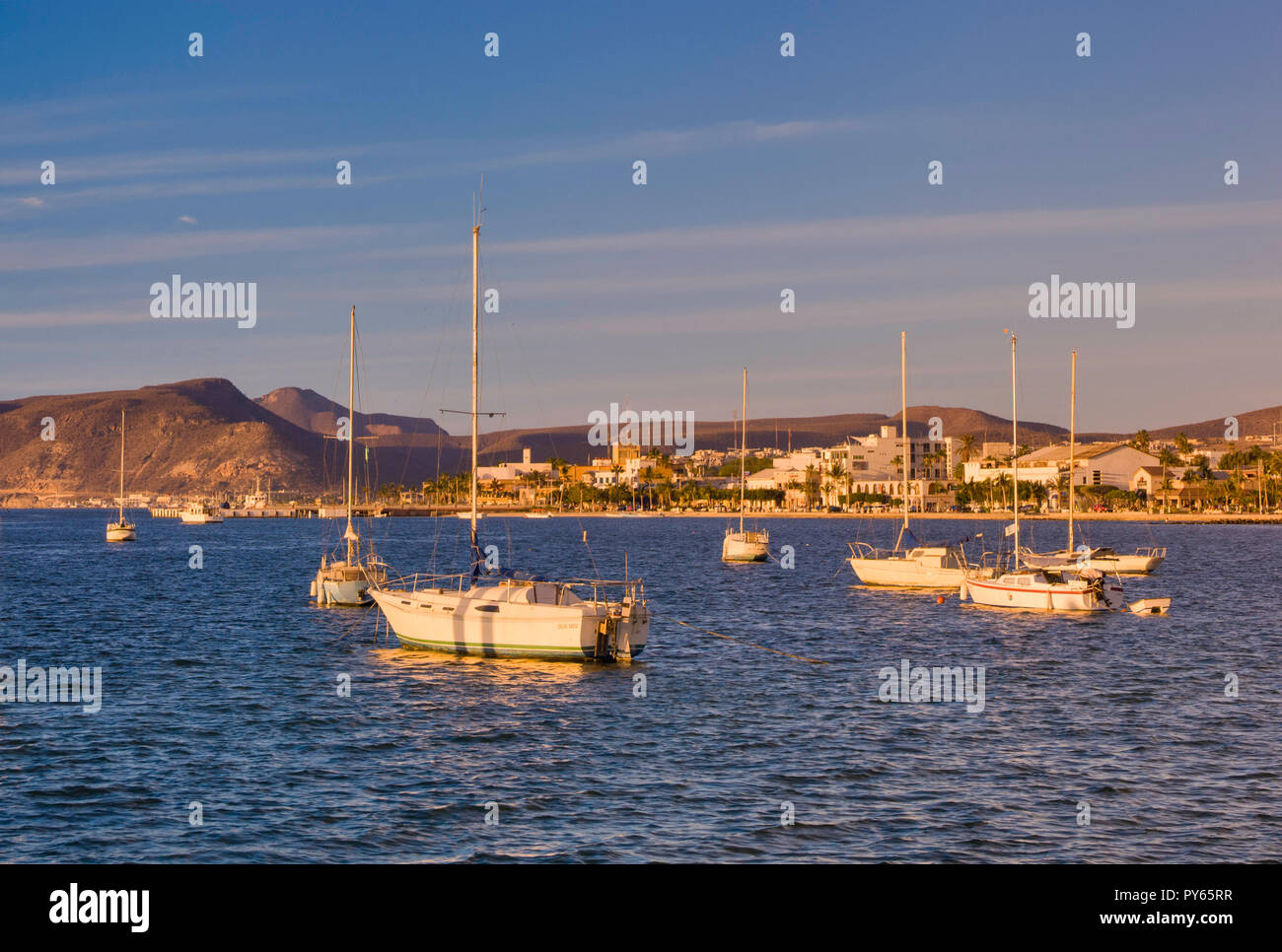 Boats at Bahia de la Paz at sunset, La Paz, Baja California Sur, Mexico