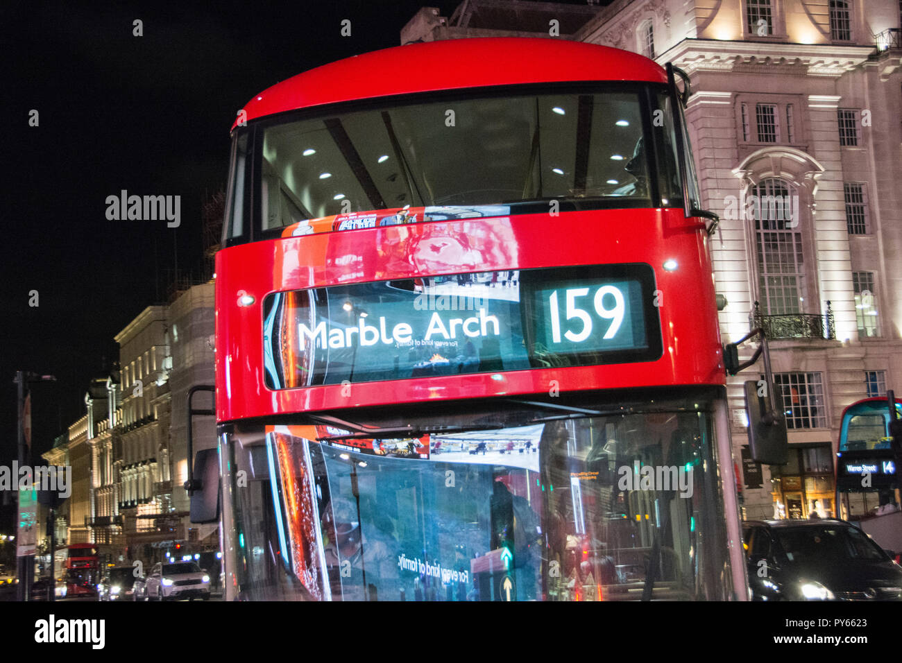 The New TFL Routmaster or New Bus (Boris buses) for London at Piccadilly Circus, London, UK Stock Photo