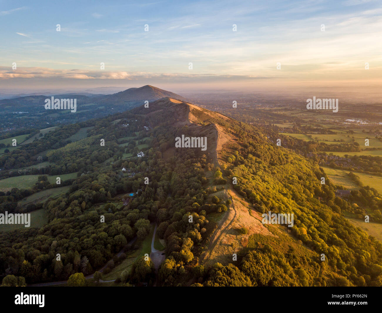 Aerial View overlooking the Malvern Hills at Sunrise Stock Photo