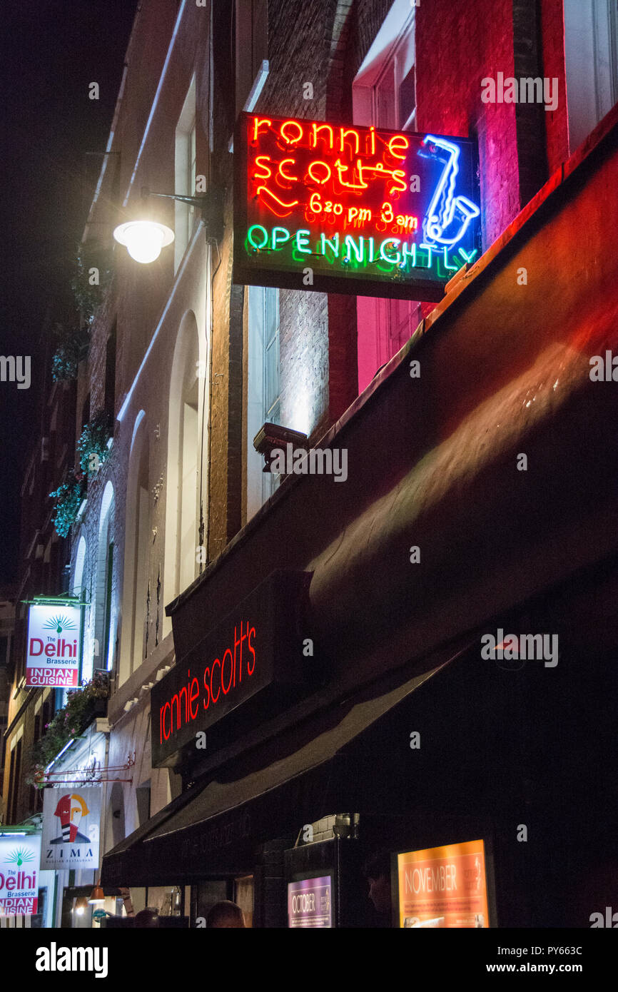 Neon signage outside Ronnie Scott's and jazz venue on Frith Street, Soho, London