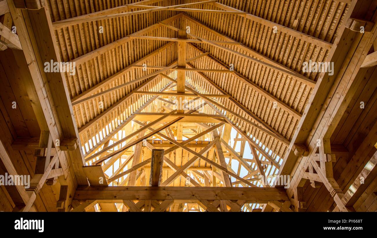 The burnt down church of  Rozavlea in Barsana in Romania was replaced in the traditional style of the famous wooden churches of Maramures Stock Photo