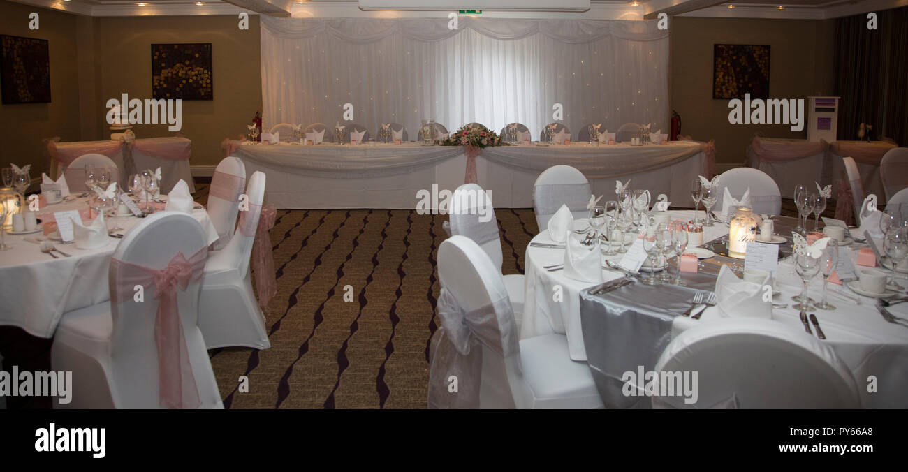 Wedding Reception Room In A Hotel With Round Guest Tables With