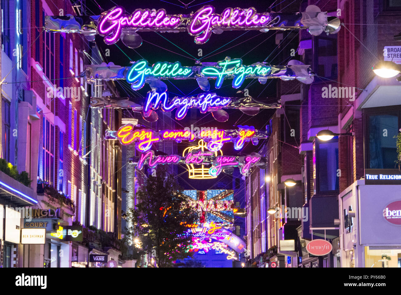 Gallileo, Gallileo -  Queen-inspired Bohemian Rhapsody Christmas lights installation display on Carnaby Street, London, UK Stock Photo