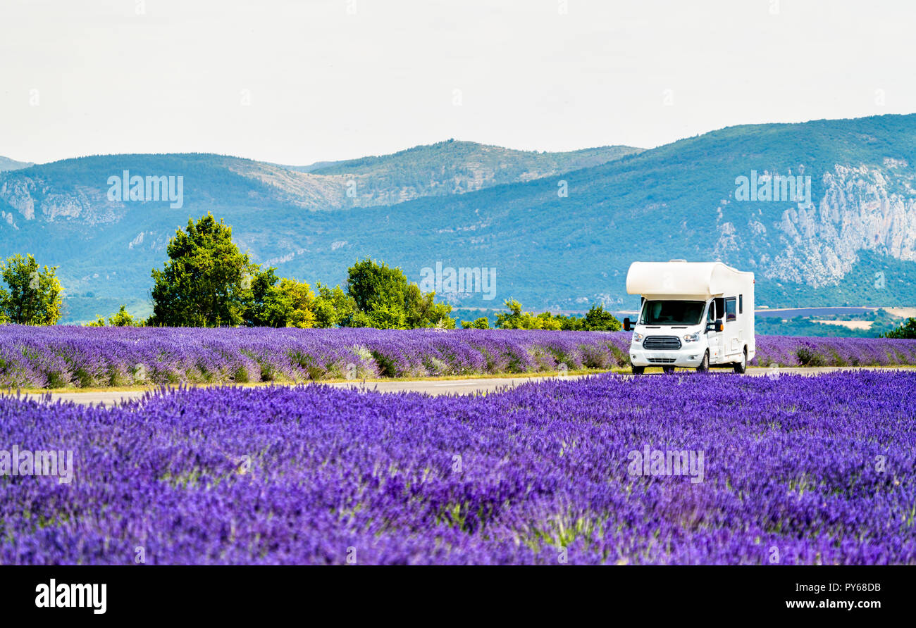 Motorhome in a lavender field in Provence, France Stock Photo