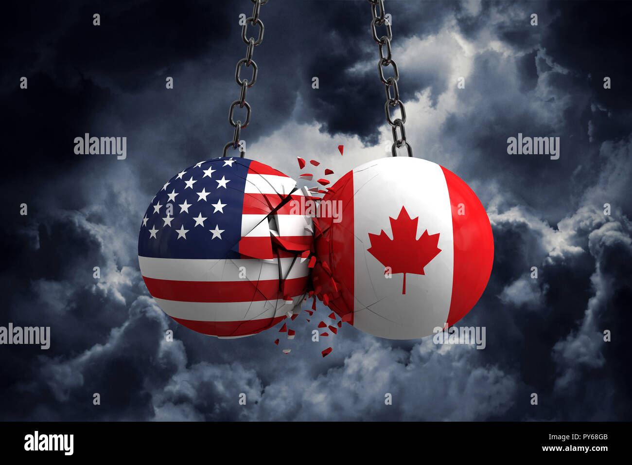 Relationship conflict between USA and Canada. Trade deal concept. 3D Rendering Stock Photo