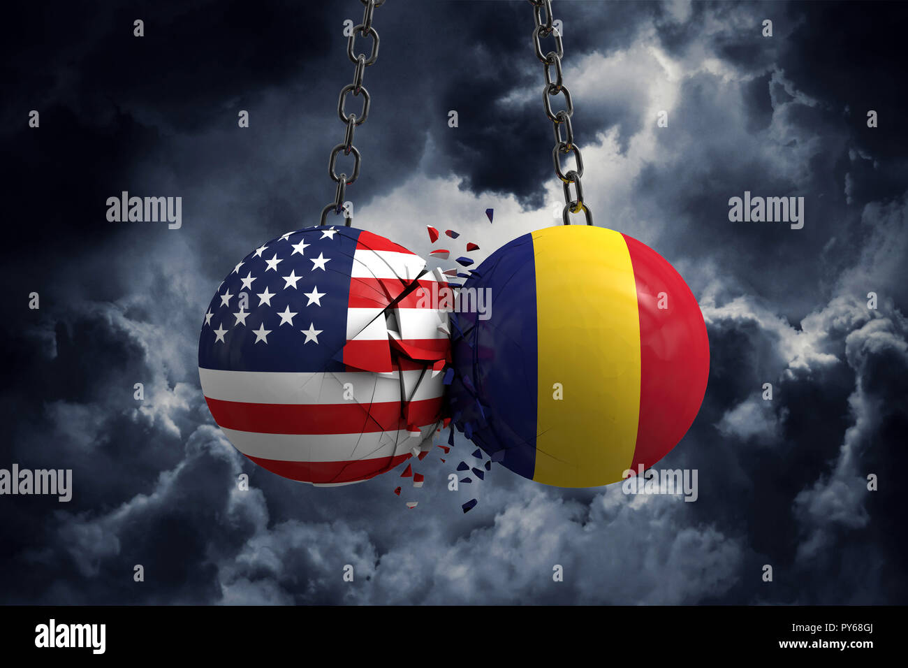 Relationship conflict between USA and Romania. Trade deal concept. 3D Rendering Stock Photo