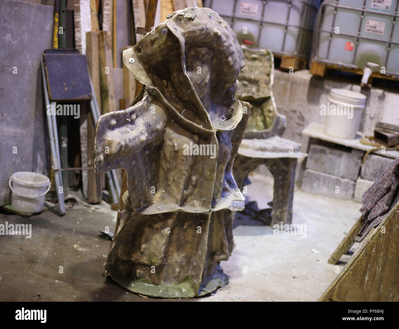 A ceramic shell of the upper half of Our Emmeline, a bronze statue of Emmeline Pankhurst by sculptor Hazel Reeves, at Bronze Age Sculpture Casting Foundry in east London. Stock Photo