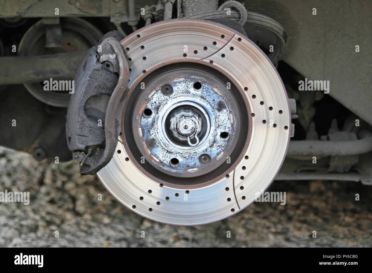 Ventilated disc brake with caliper and pads Stock Photo