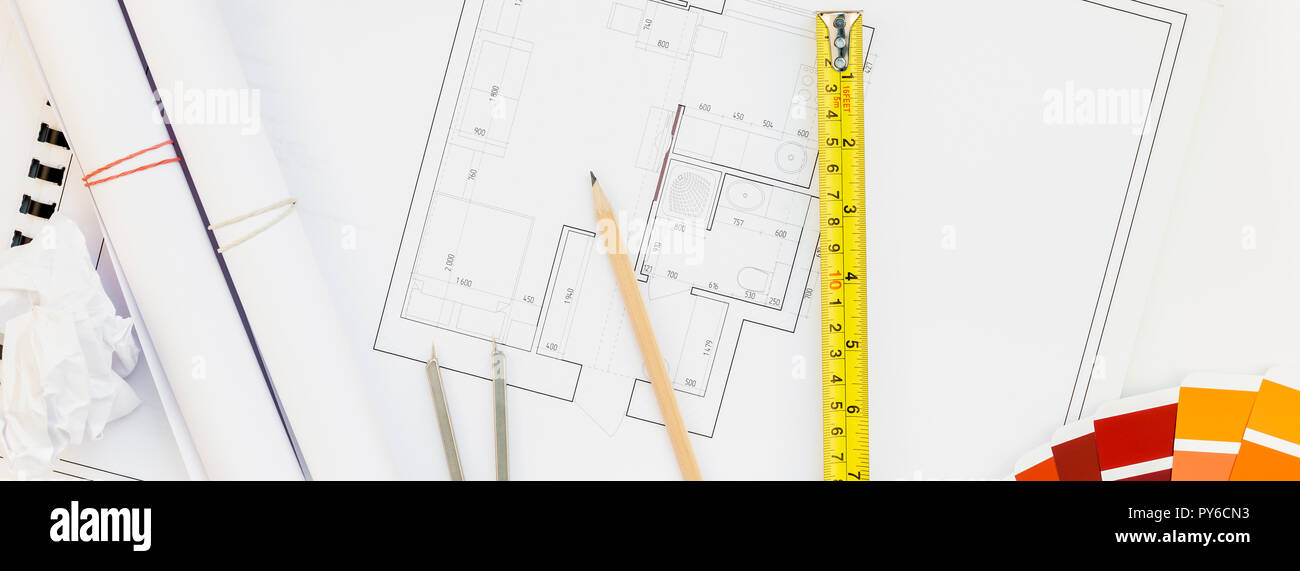 Creative Flat Lay Long Wide Banner Top View Blueprints