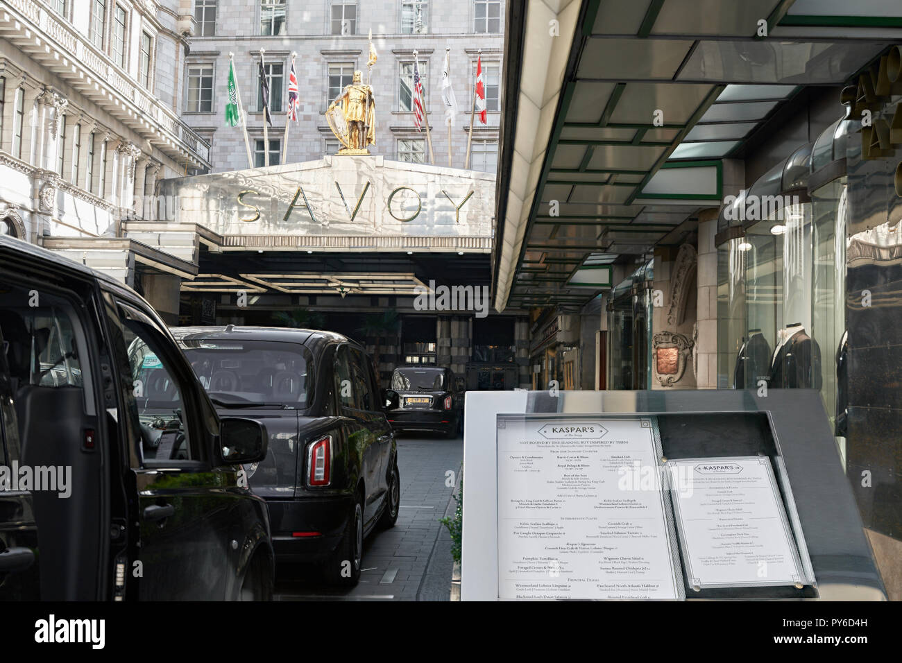 Menu for Kaspar's restaurant at the entrance to the Savoy hotel, London, England. Stock Photo