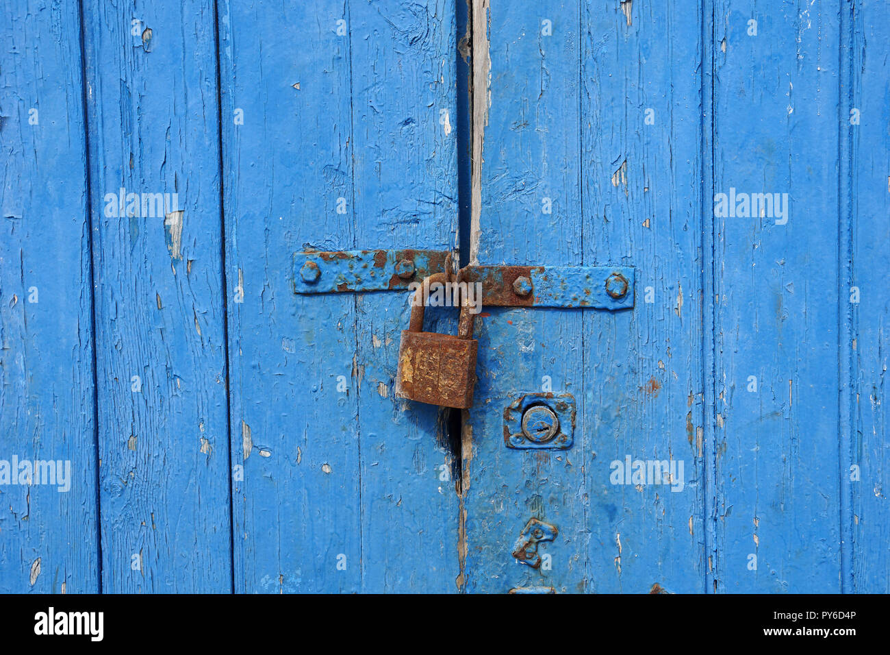 Detail of a blue/white fisherman's cabin in the fishing port of Essaouira, Morocco Stock Photo