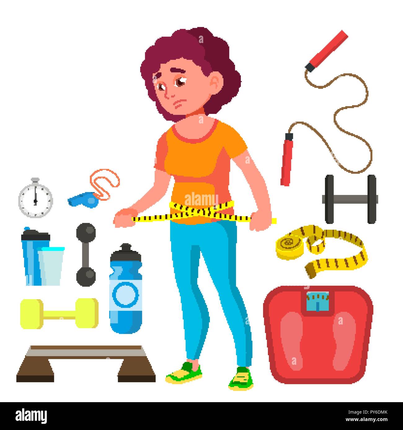 Young Fitness Girl With Measuring Tape Around Her Waist Vector