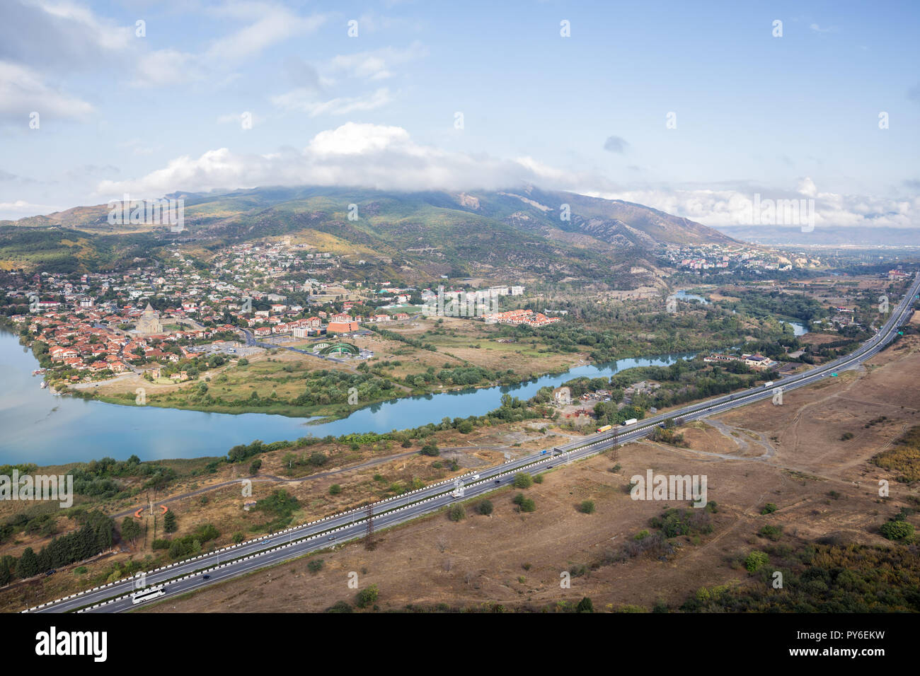 Top view of Georgian Military Road, Aragvi River and town of Mtskheta Stock Photo