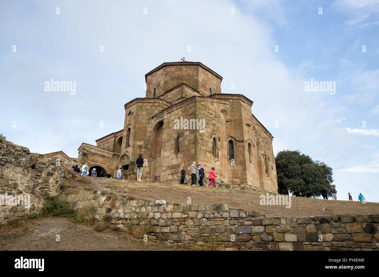 MTSKHETA, GEORGIA - SEPTEMBER 23, 2018: Many people visit the ancient Jvari monastery Stock Photo
