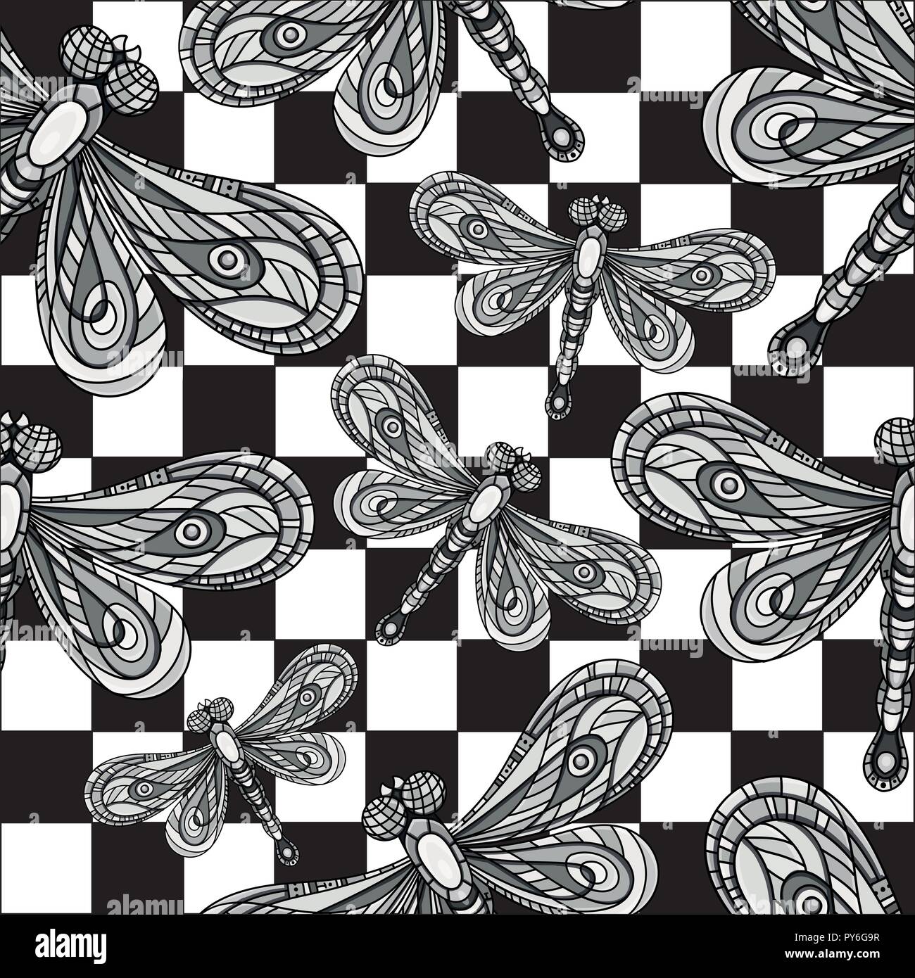Dragonfly seamless pattern. Dragonfly on black and white square ...