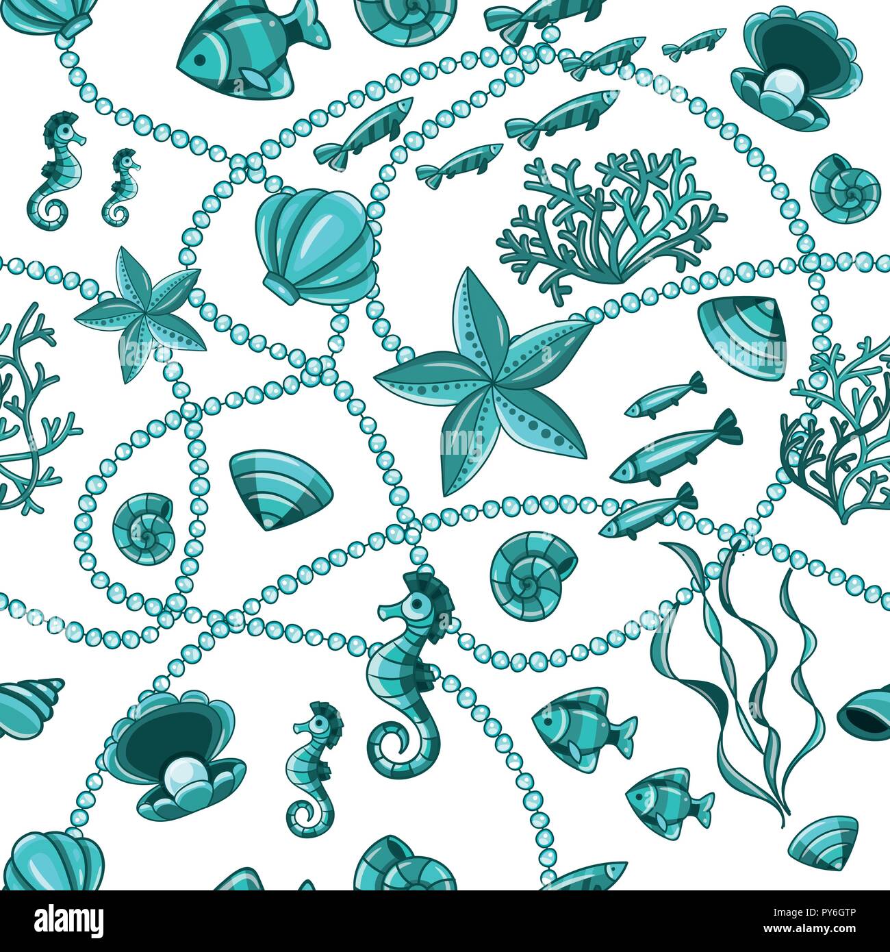 Seamless pattern with seashells, corals and starfishes. Marine background. Stock Vector