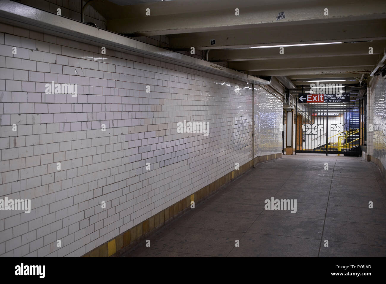 Empty underground walkway inside the New York City subway system. Stock Photo