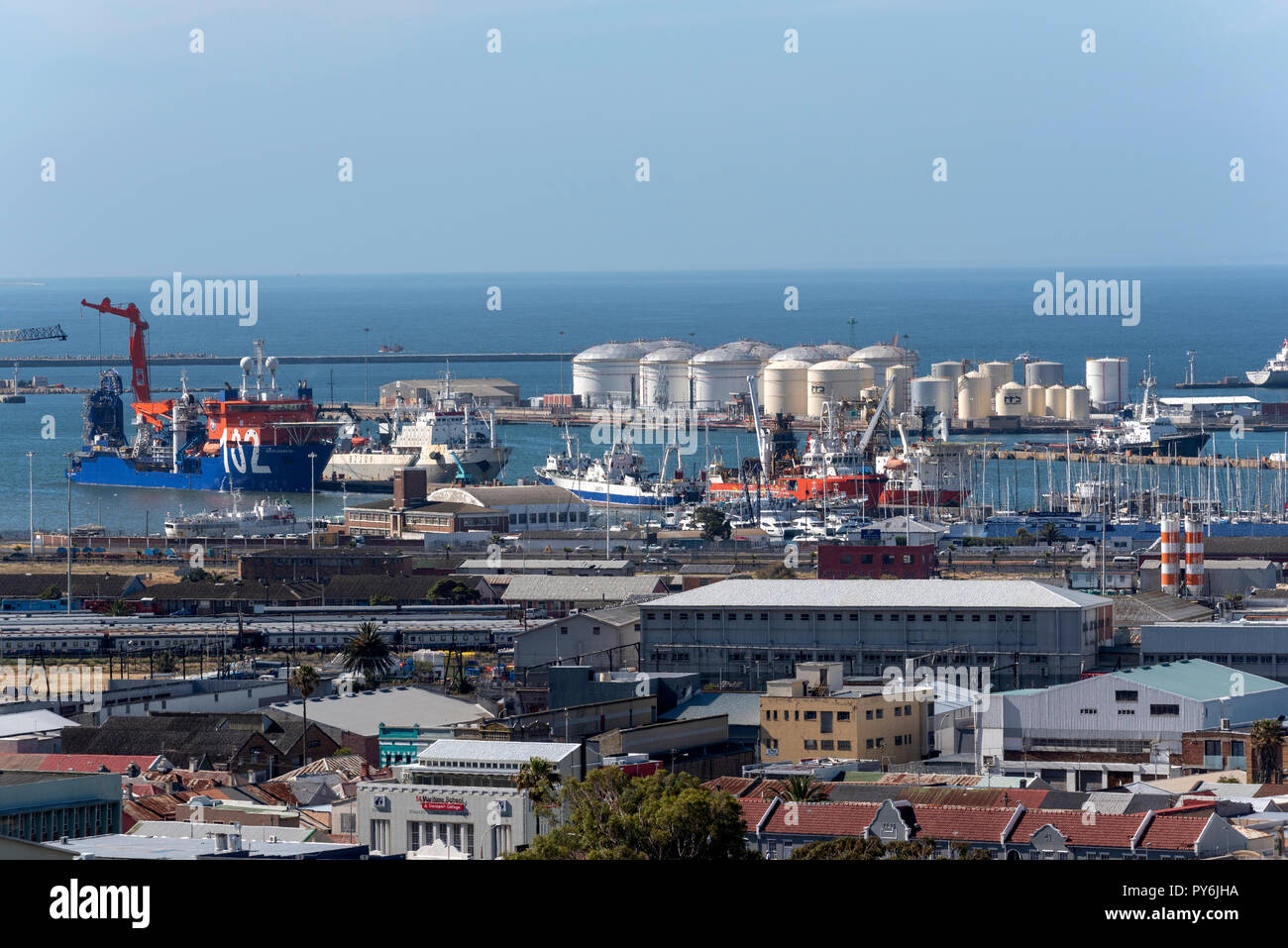 Cape Town, South Africa. Shipping and oil storage tanks in the Port of