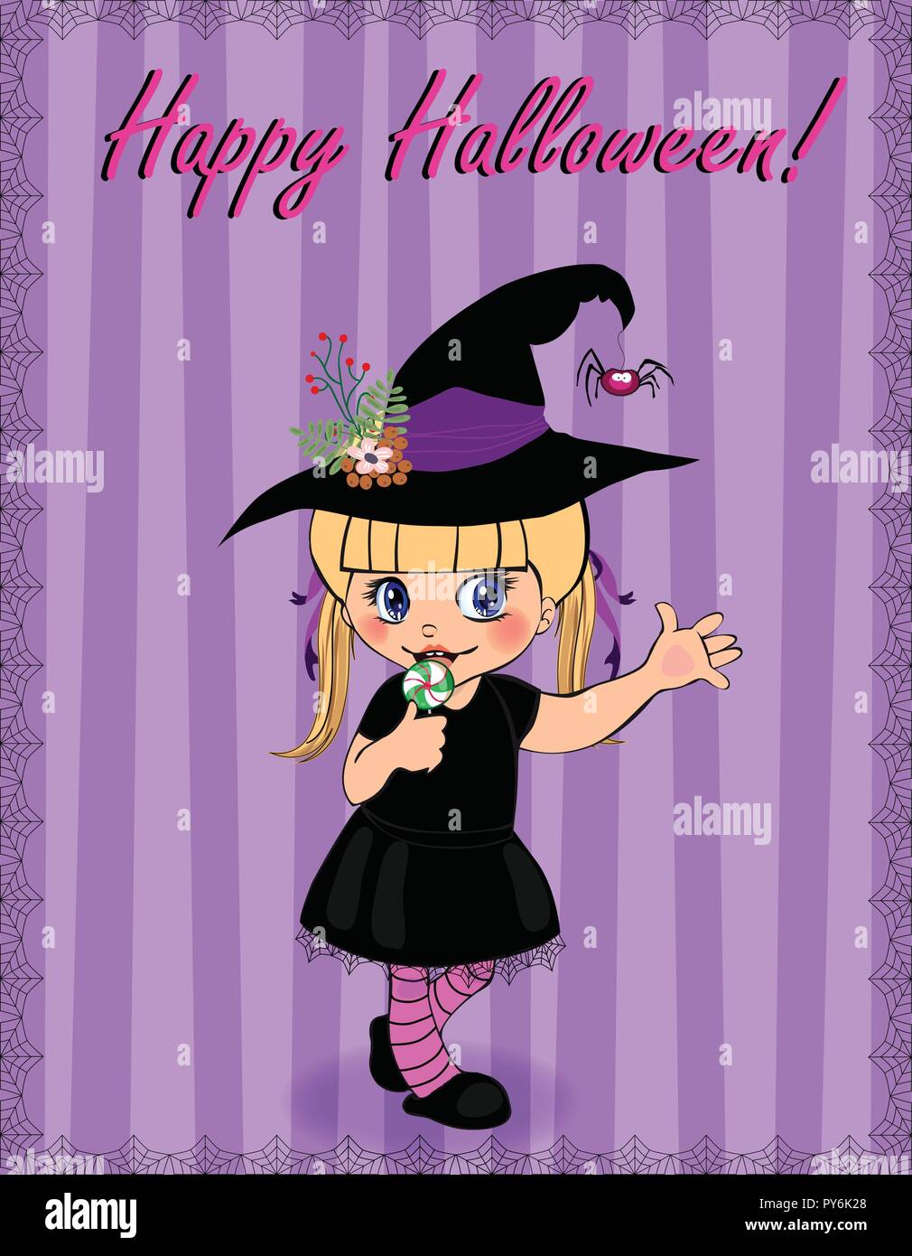 Happy Halloween greeting card of little cute naughty baby girl in witch ...