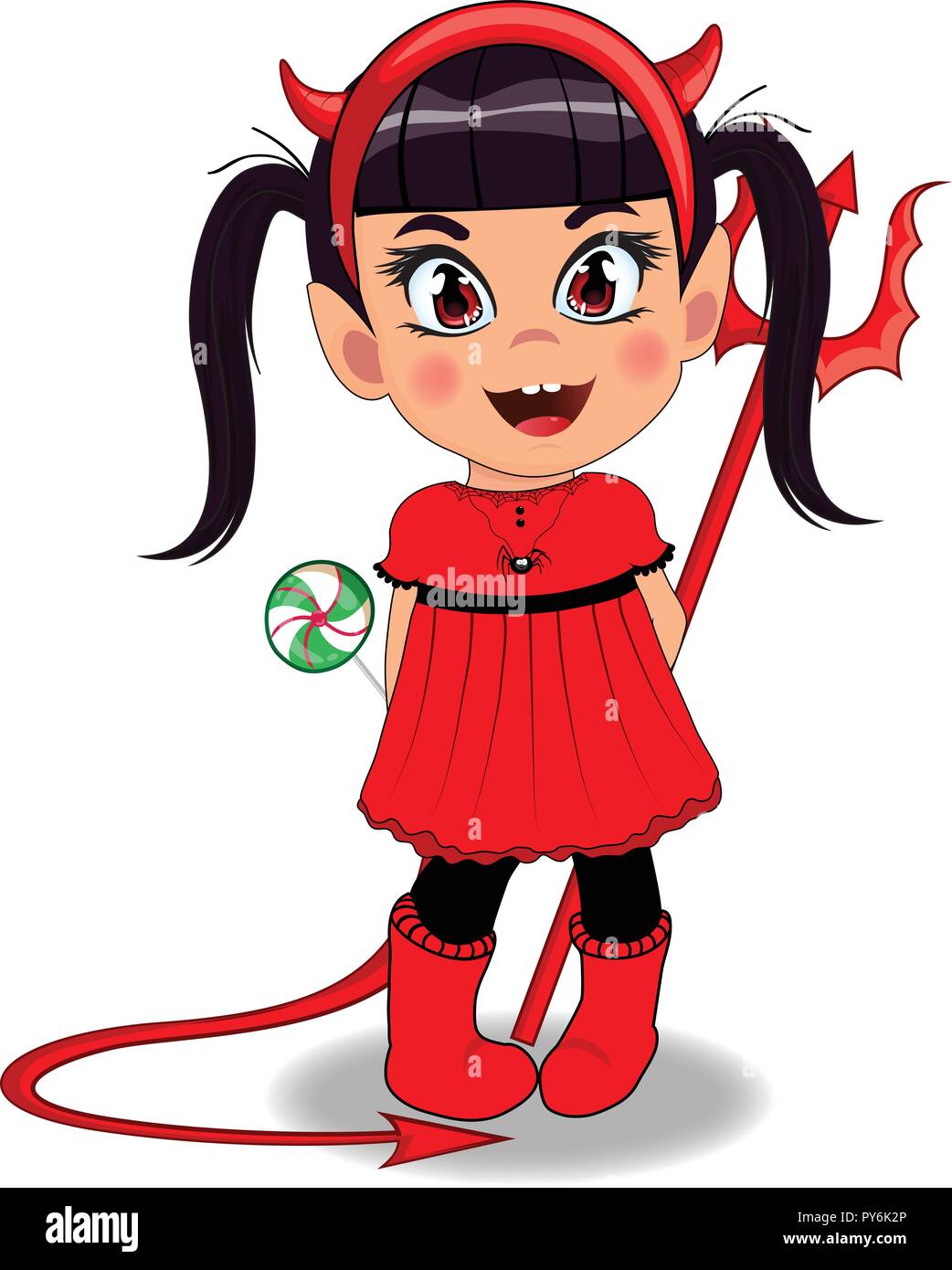 Vector cartoon illustration of little kawaii naughty baby girl in red devil  imp costume holding lollipop and trident isolated on white background. Hal  Stock Vector Image & Art - Alamy