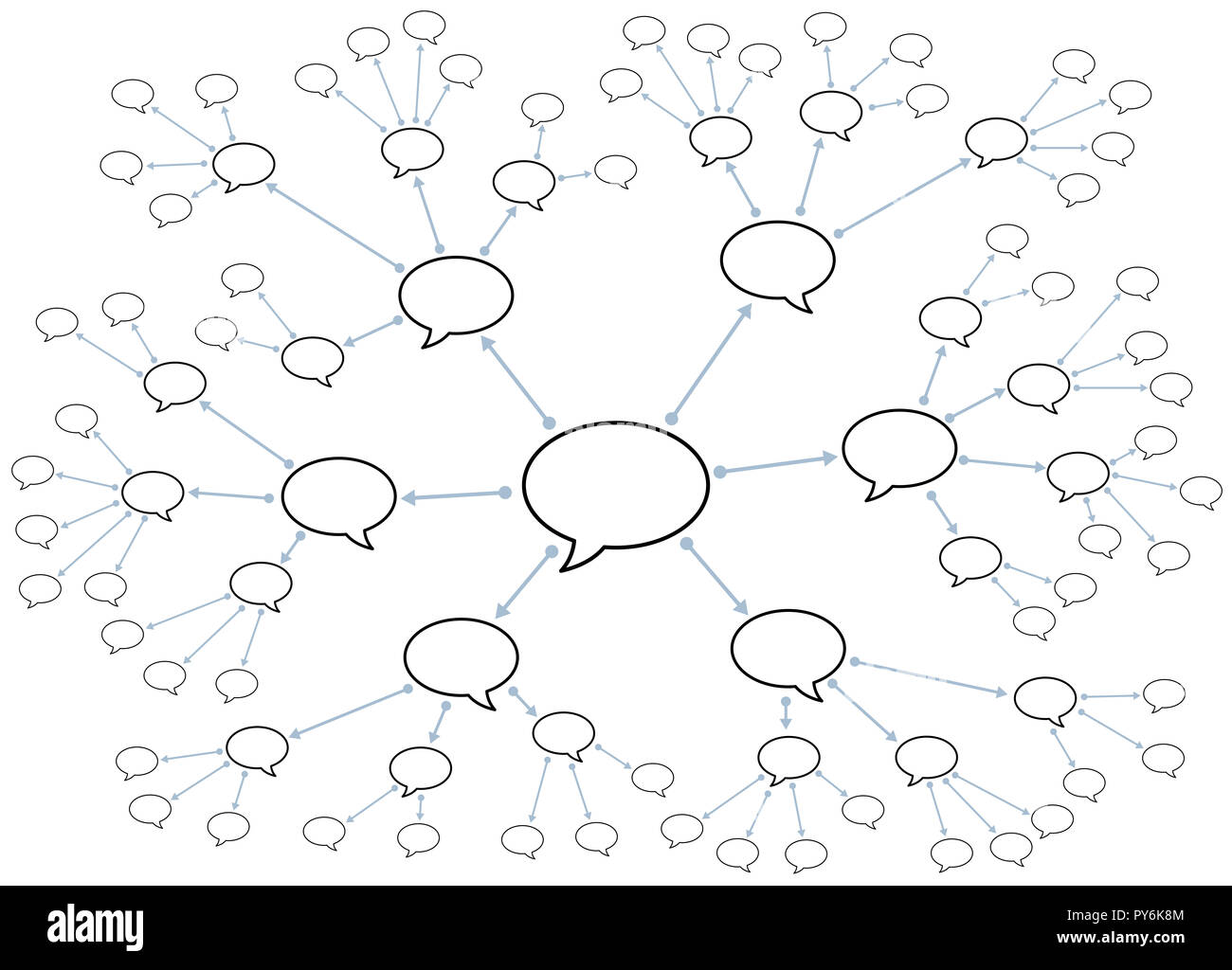 Network with speech bubbles. Symbolic for rumors, gossip factory, disclosure of information or knowledge sharing. Stock Photo