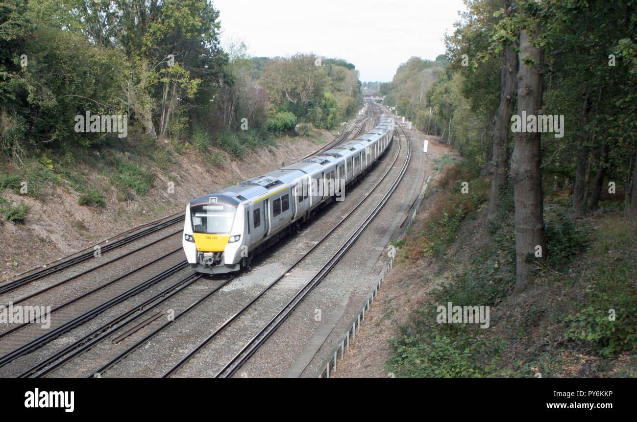 British Rail Class 700 022 (700/0, Unit Number 700022) Siemens Desiro City  Electric Multiple Unit (EMU) train. At London St Pancras International  station, on Govia Thameslink Railway (GTR) Thameslink service 9P59, the