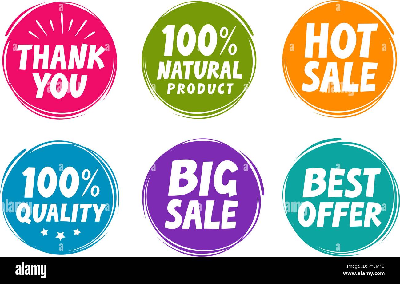 Label set such as Big sale, Best offer, Quality, Natural, Thank you. Vector illustration Stock Vector