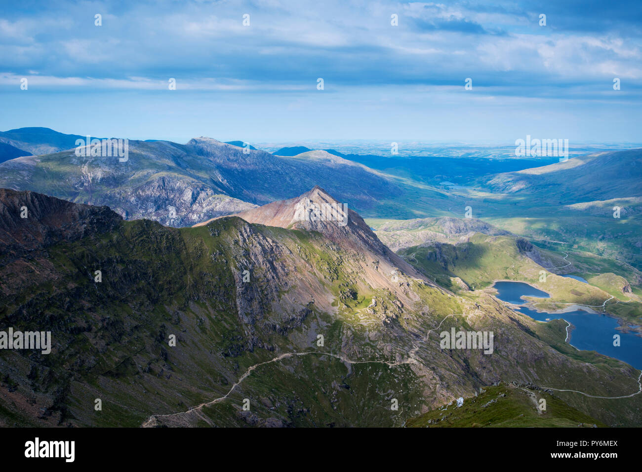 Crib Goch ridge viewed from the summit of Snowdon in Snowdonia National Park, Wales, UK Stock